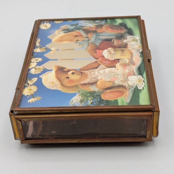 Cherished Teddies Trinket Box Glass Mirror Brass 4" x 3" x 1" - Picture 3 of 13